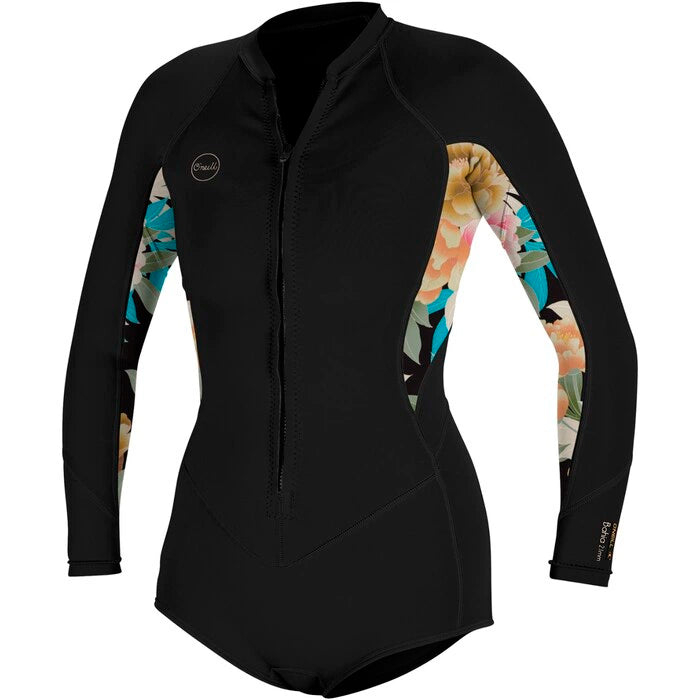 O'Neill Bahia 2/1mm Women's Front Zip Long Sleeve Shorty Wetsuit - Black/ Floral