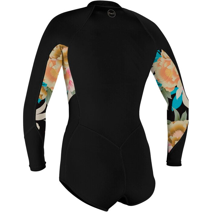 O'Neill Bahia 2/1mm Women's Front Zip Long Sleeve Shorty Wetsuit - Black/ Floral