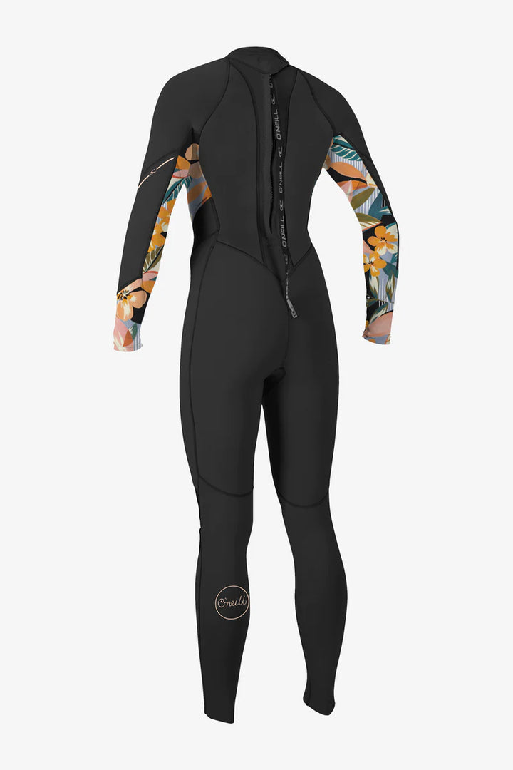 O'Neill Bahia Women's 3/2mm Back Zip Full Wetsuit in Black/DemiFloral, designed for performance and style