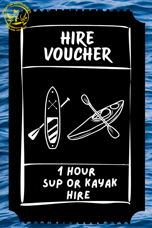Hire voucher for SUP or kayak hire against a blue water background