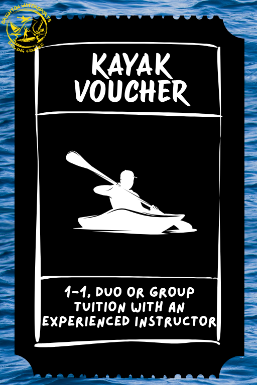 Kayak voucher with a kayak illustration on a blue water background