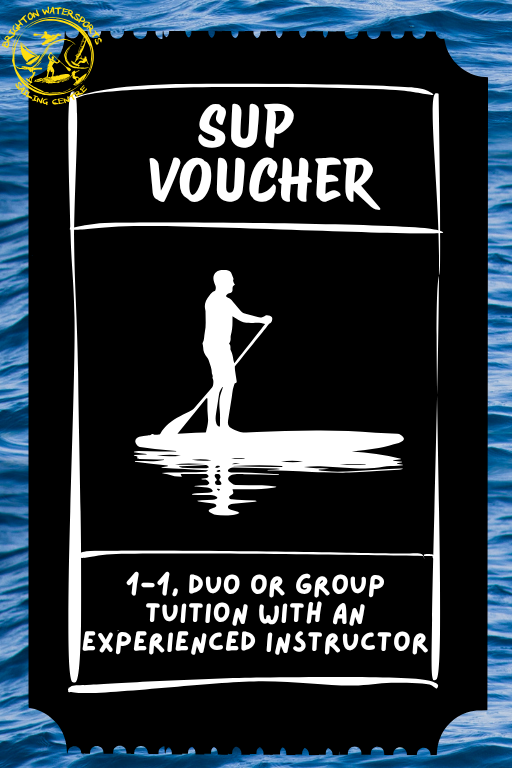 Sup voucher card with paddleboarder illustration on a blue water background