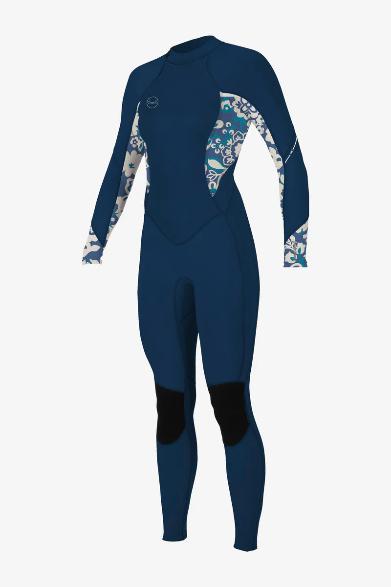 O'Neill Bahia Women's 3/2mm Back Zip Full Wetsuit in Navy/Floral, designed for performance and style