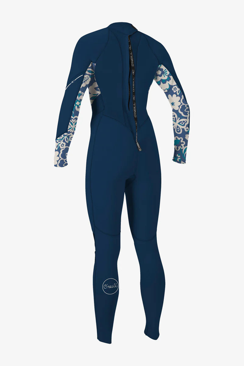 O'Neill Bahia Women's 3/2mm Back Zip Full Wetsuit in Navy/Floral, designed for performance and style