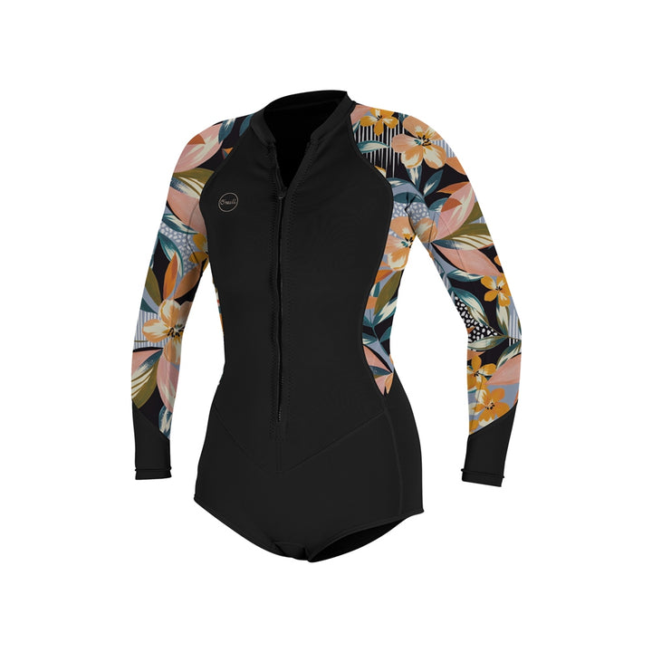 O'Neill Bahia Women's Spring Wetsuit in Black/Demi Floral, featuring 2/1mm thickness, front zip, UltraFlex material, and breathable seams
