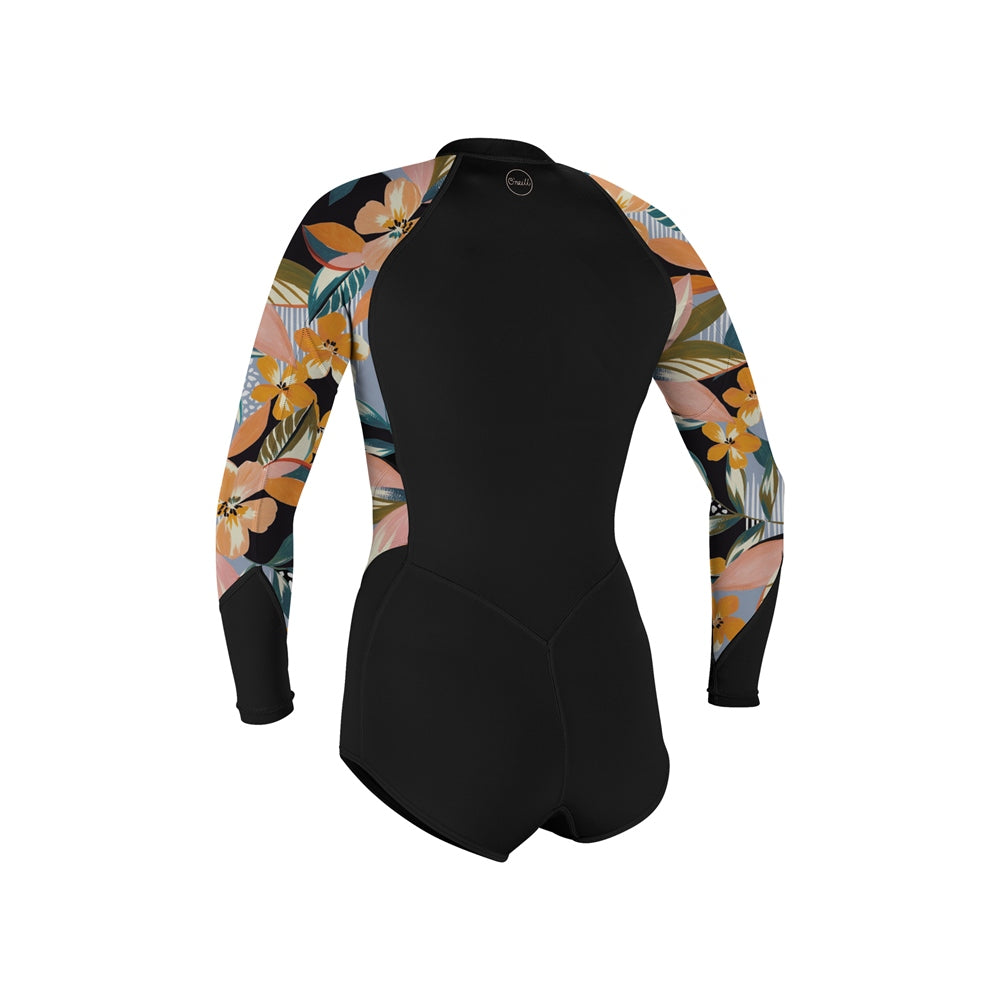 O'Neill Bahia Women's Spring Wetsuit in Black/Demi Floral, featuring 2/1mm thickness, front zip, UltraFlex material, and breathable seams