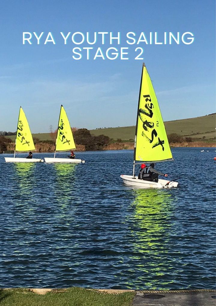 Two dinghy sailboats with bright yellow sails on the water, with the text 'RYA YOUTH SAILING STAGE 2' overlayed at the top.