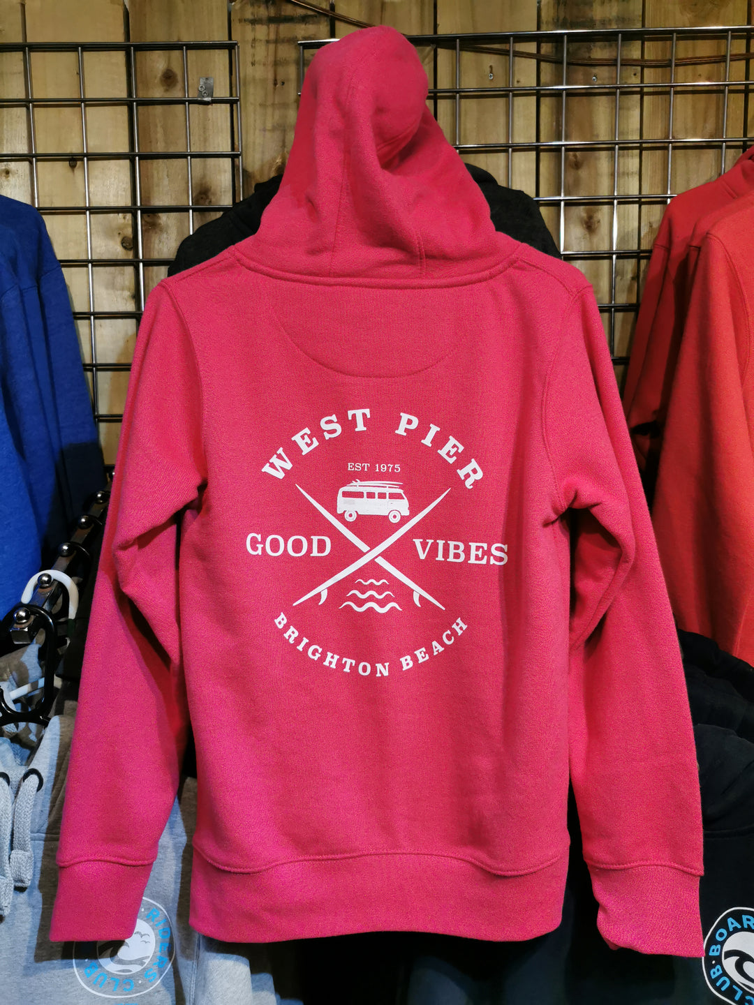 West Pier Hoodie - 'West Pier - Good Vibes - Brighton Beach' Camper Van Logo - Fuschia Pink