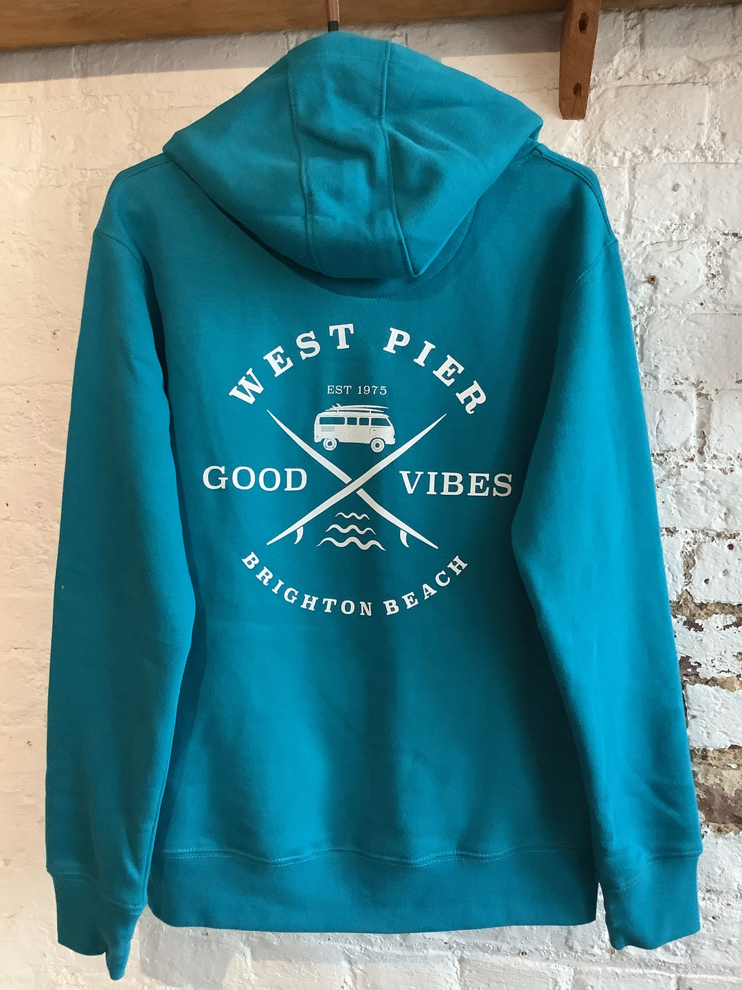 West Pier Hoodie - ‘West Pier - Good Vibes - Brighton Beach’ - Camper Van Logo - Caribbean Blue