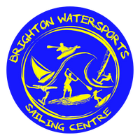 Logo of Brighton Watersports Sailing Centre with blue circle and yellow text and icons.