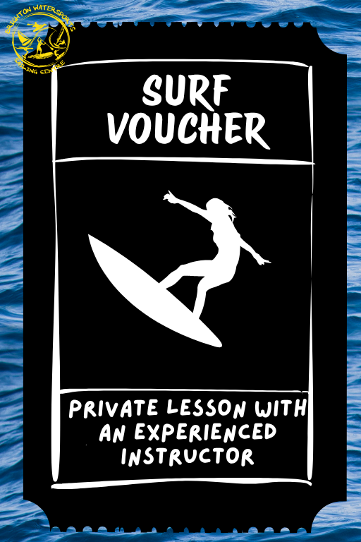 Surf voucher with a surfer on a white background against a blue ocean.