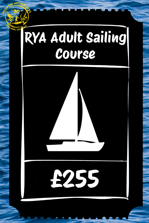 RYA Adult Sailing Course ticket with sailboat icon and price against a blue water background