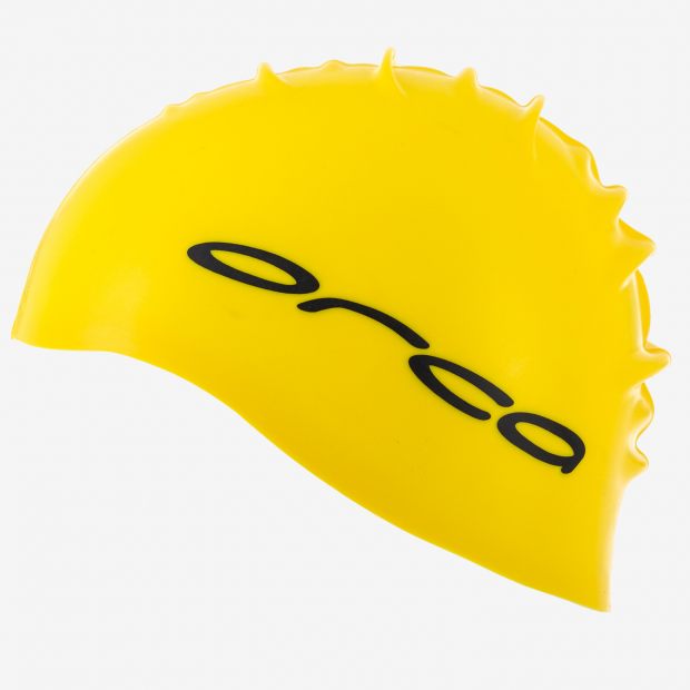 Orca Silicone Swim Cap - Orange/Yellow, Durable & Streamlined for Pool and Open Water Swimming