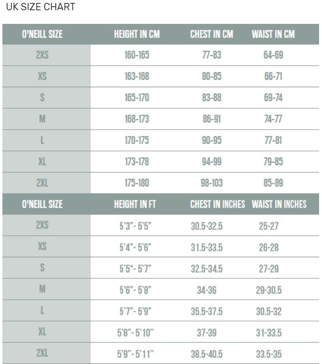 O'Neill Women's Rash Vest Size chart