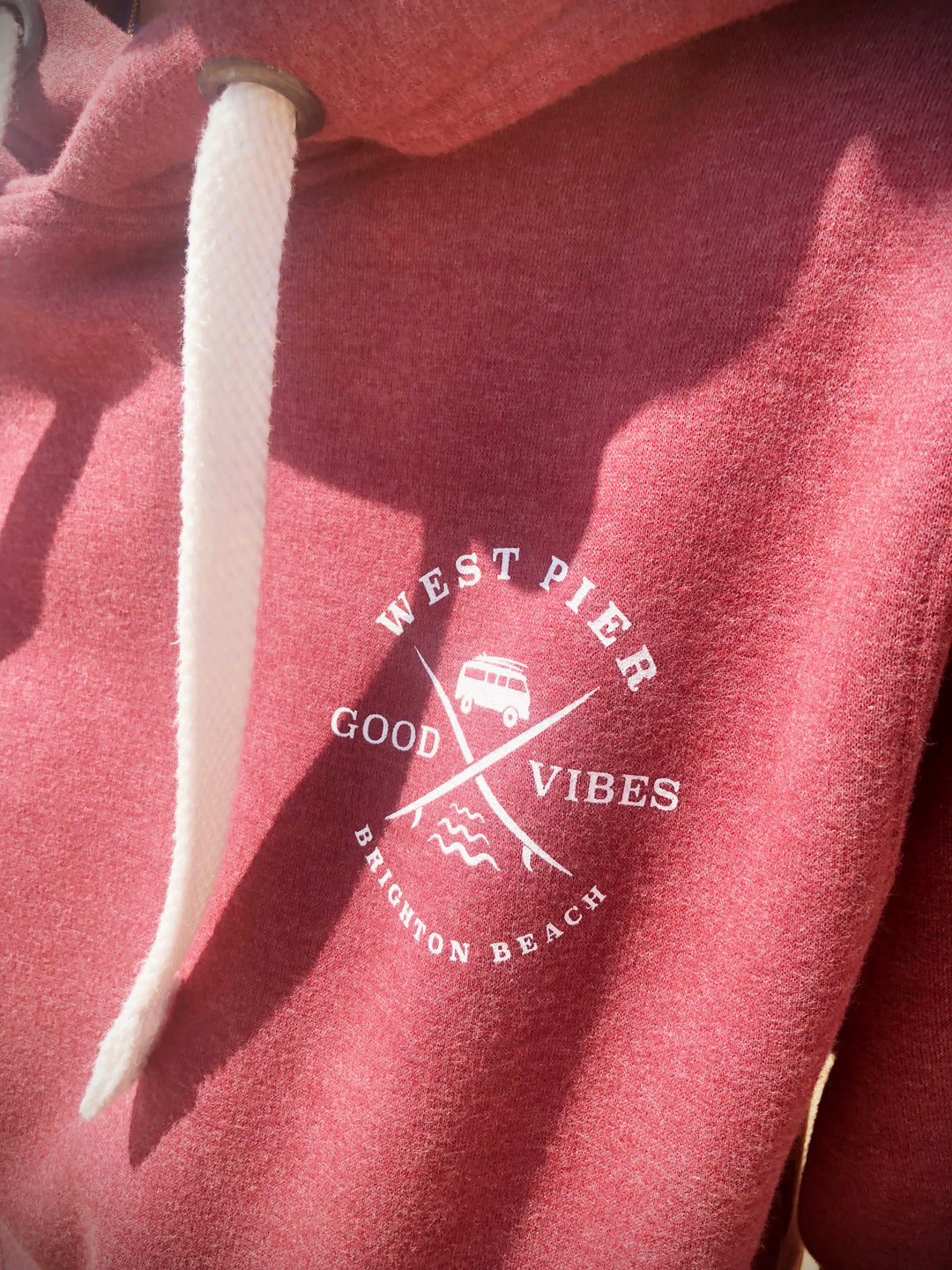 West Pier Hoodie - 'West Pier - Good Vibes - Brighton Beach' Camper Van Logo - Red