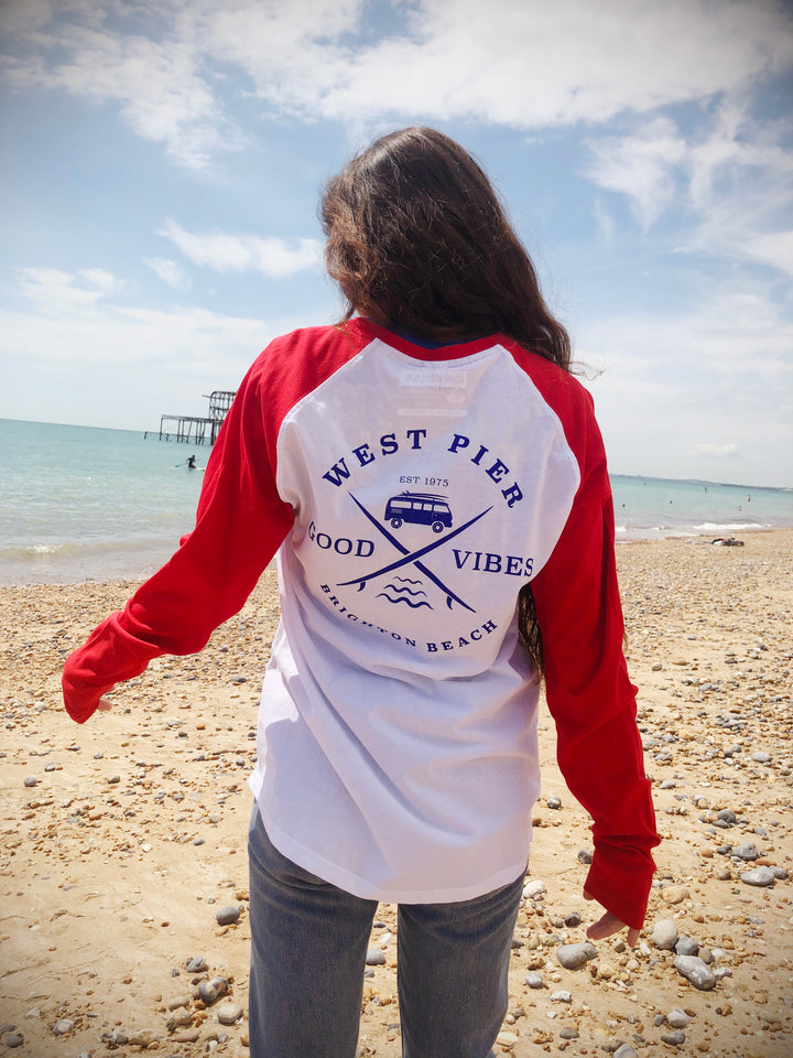 West Pier Long Sleeve Raglan T-Shirt - 100% Cotton - White with Red Sleeves
