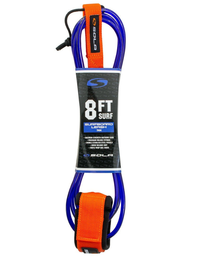 Sola Surf Leash - 8ft - 7mm - Blue Cable/ Orange Cuff