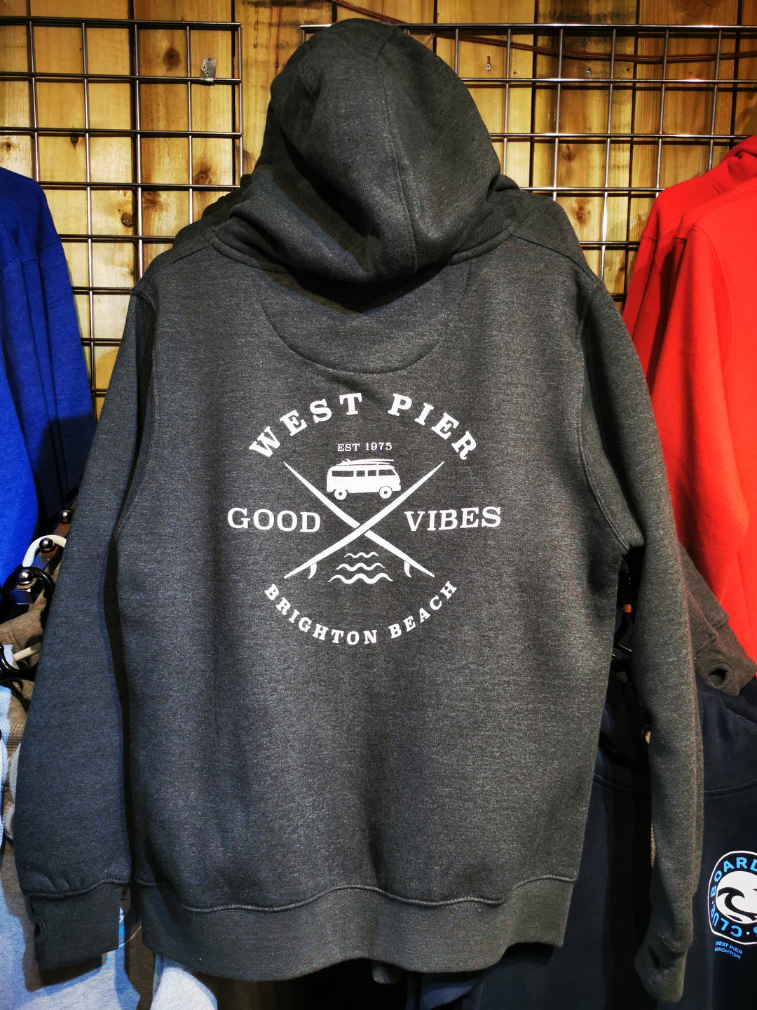 West Pier Hoodie - 'West Pier - Good Vibes - Brighton Beach' Camper Van Logo - Zip Front - Dark Grey